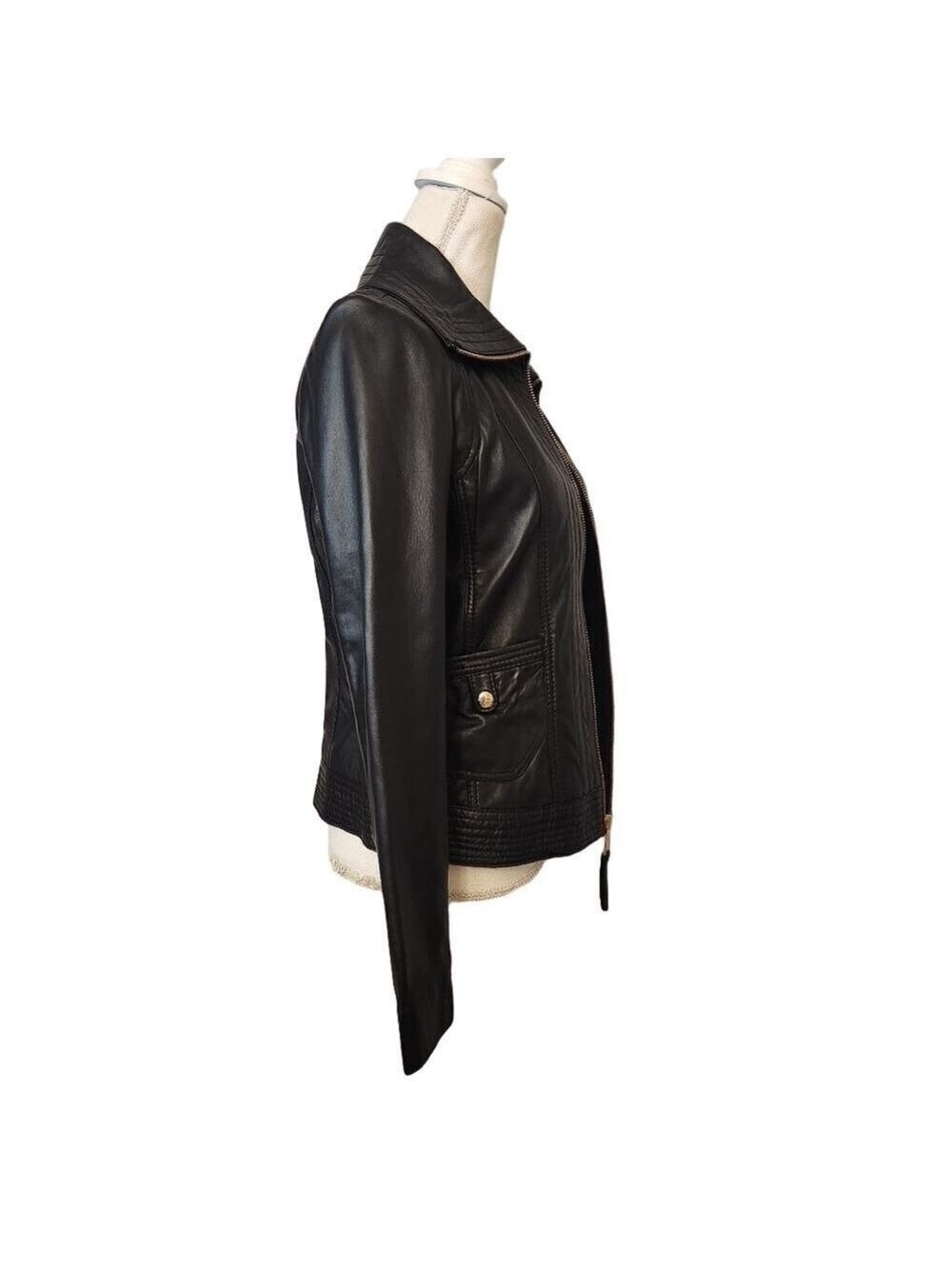 Michael Kors Missy Leather Full Zip Jacket Black Wing Collar Size S - Picture 7 of 13